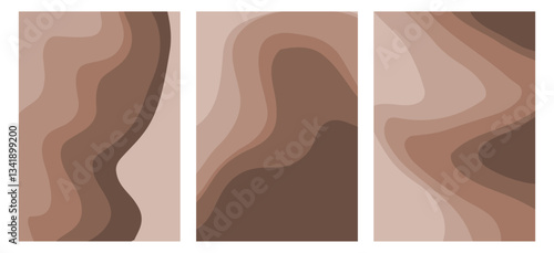 Brown and milk chocolate wave background. Caramel and mocha mousse swirl textured vector pattern. Abstract psychedelic wavy line pattern. Retro groovy poster set.