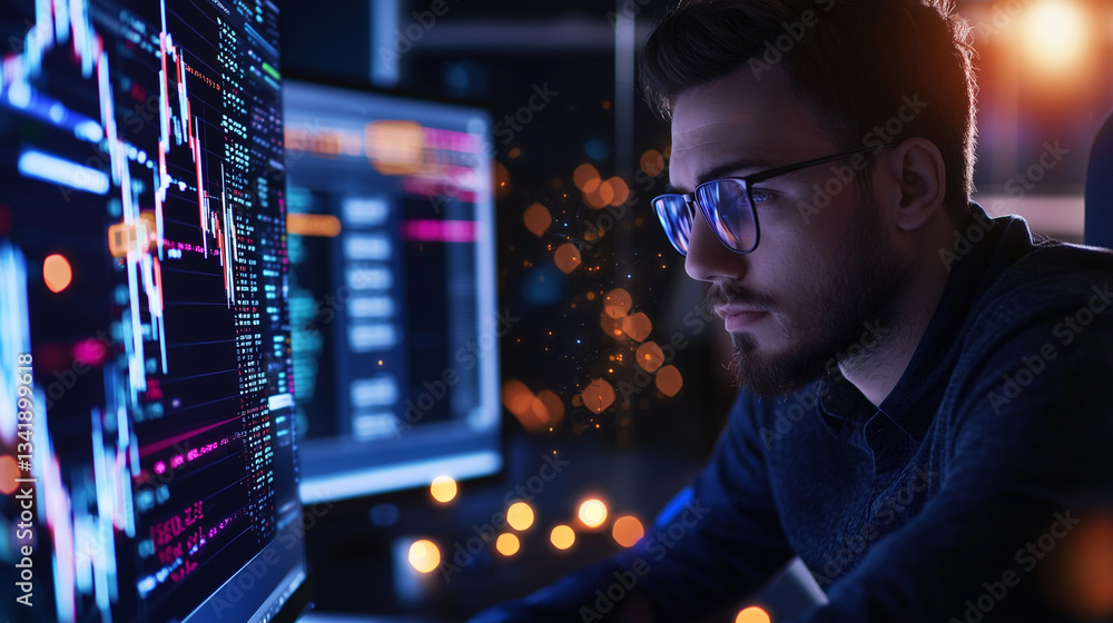 Innovative Programmer Analyzing Stock Market Data with Hologram Innovative Programmer Analyzing Stock Market Data with Hologram