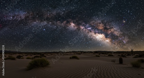 Fototapeta Naklejka Na Ścianę i Meble -  Stunning panoramic view of the Milky Way over desert dunes at night