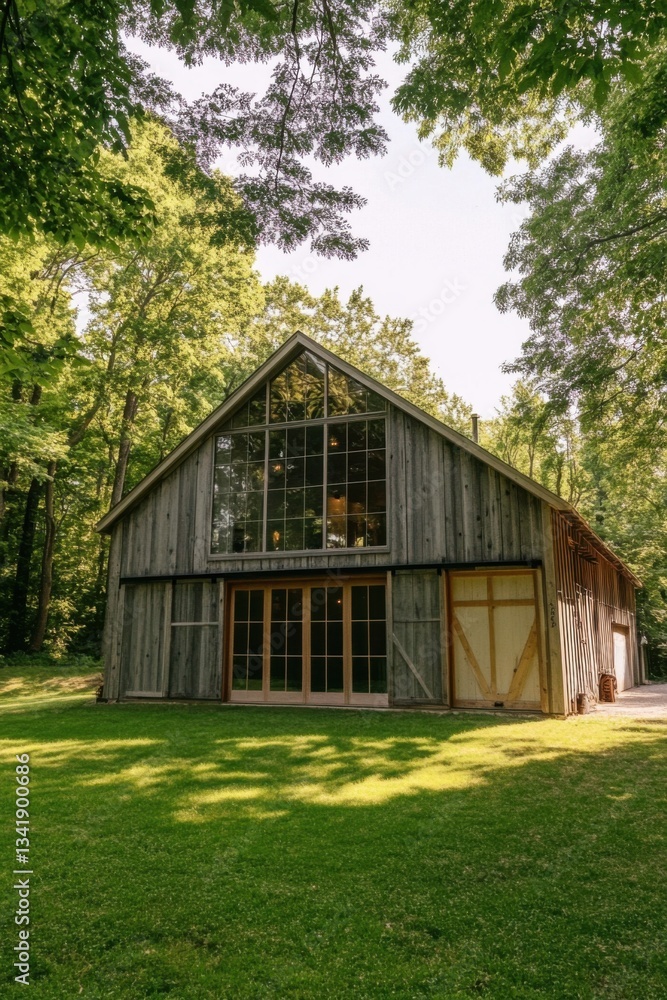Modern wooden barn blends with nature in a serene forest setting during the daytime, showcasing its large windows and rustic charm amidst greenery Modern wooden barn blends with nature in a serene forest setting during the daytime, showcasing its large windows and rustic charm amidst greenery
