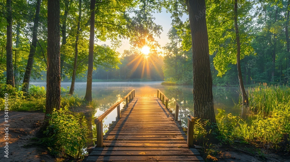 Obraz premium Serene sunrise over a tranquil lake, wooden bridge leading into the sunlit forest. Perfect for meditation, relaxation, and nature themes.