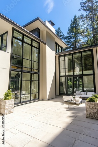 Wallpaper Mural Modern architectural design showcases a spacious outdoor patio with sleek furniture and large glass windows surrounded by green trees in a serene setting Torontodigital.ca