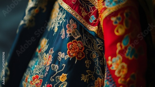 Close Up of Richly Embroidered Fabric with Colorful Floral Patterns and Ornate Designs
