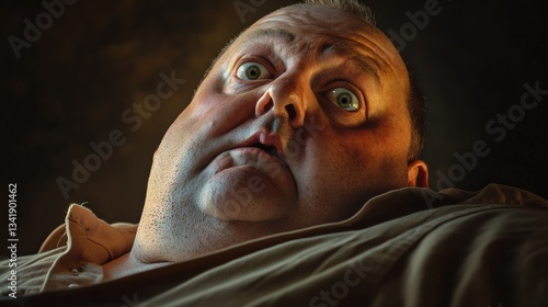 Close-Up Portrait of a Fearful Man with Wide Eyes and Intense Expression in Dramatic Light