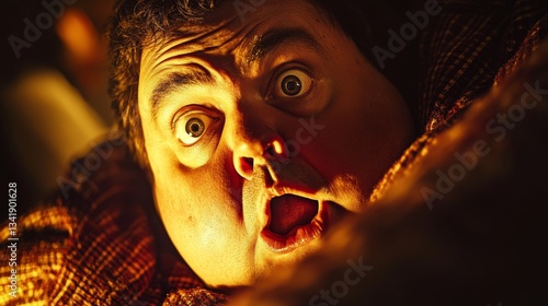 Close-Up Portrait of a Man Experiencing Shock and Fear with Dramatic Lighting and Expression