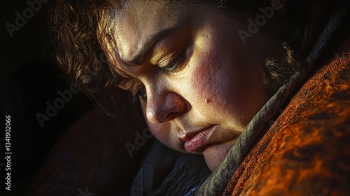 Close-Up Portrait of a Thoughtful Person Bathed in Warm Natural Light and Shadows
