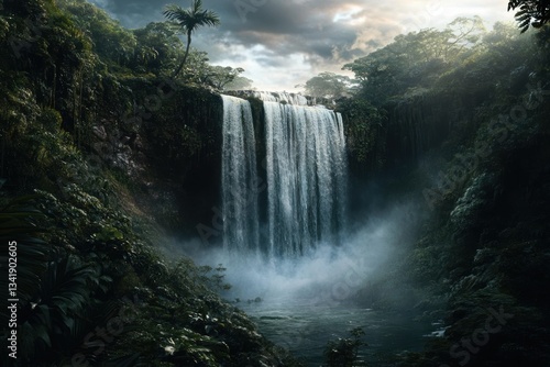 Majestic waterfall cascading through a lush jungle environment in stunning 8K resolution