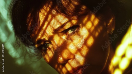 Close-Up Portrait of a Woman with Artistic Light and Shadow Play Creating a Dramatic Effect