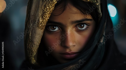 Close-Up Portrait of a Young Girl with Intense Expression and Headscarf in Ethereal Light