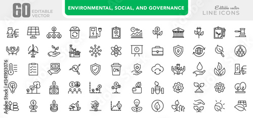 ESG, Environmental Social Governance line icon set. Ecology, human rights, sustainability, diversity, net zero, climate crisis, recycle, outline icon collection. UI thin outline icon pack