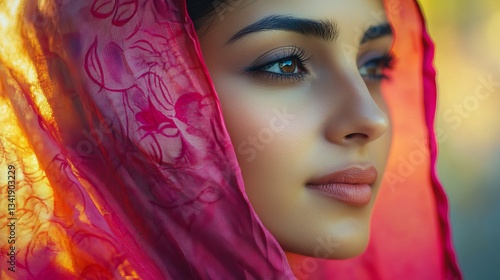 Close-Up Portrait of a Young Woman in a Colorful Headscarf with Ethereal Lighting and Expression