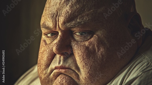 Close-Up Portrait of an Overweight Man with a Deep, Contemplative Expression in Soft Lighting