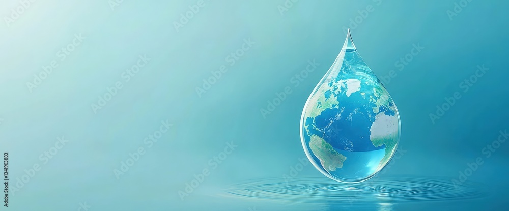 Fototapeta premium A crystal-clear water droplet encasing planet Earth floats above gentle ripples, symbolizing conservation, sustainability, and World Water Day. Ideal for eco-awareness campaigns