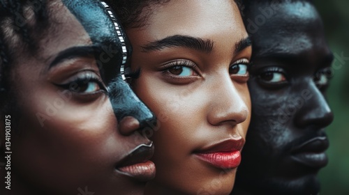 Close-Up Portrait of Three Young Individuals Showcasing Diversity and Unique Expressions