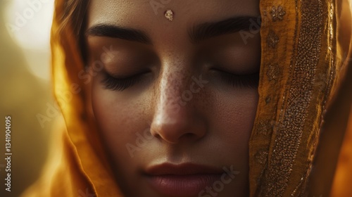 Closeup Portrait of a Beautiful Woman with Closed Eyes Draped in a Golden Veil Outdoors