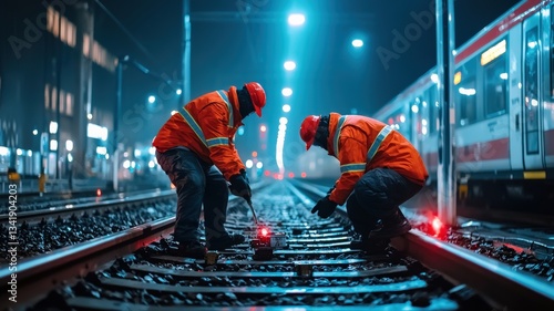 Rail industry workers in safety vests conducting ultrasonic testing on railway tracks, futuristic rail maintenance