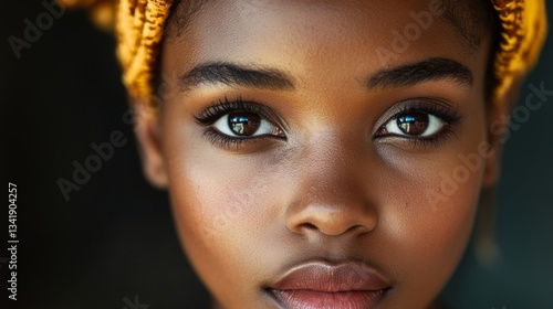 Closeup Portrait of a Young African Woman with Beautiful Eyes Wearing a Vibrant Headwrap
