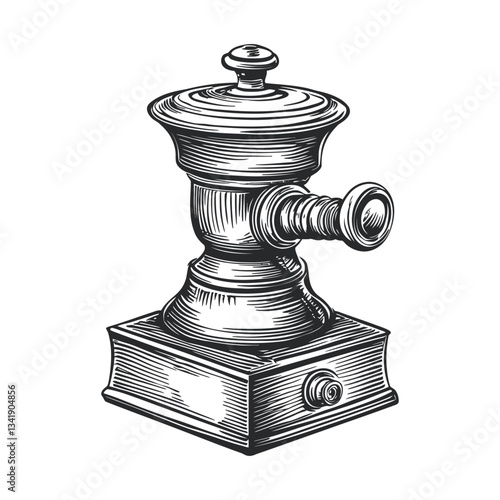 Vintage Woodcut Design of a Traditional Coffee Grinder Illustration