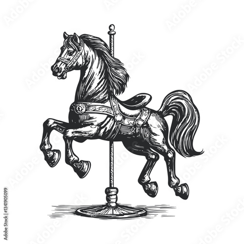 Vintage Woodcut Carousel Horse Illustration in Black and White