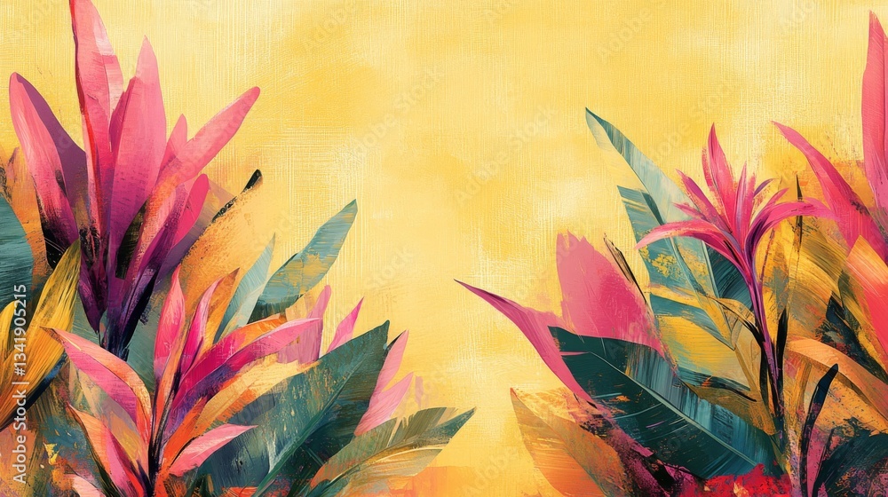 Pink and Yellow Tropical Flowers on Gold Background