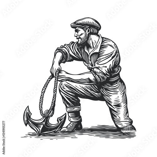 Detailed Woodcut of a Fisherman Holding an Anchor and Rope