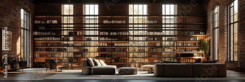 Luxurious Modern Library in Industrial Loft Apartment with Large Windows and Brick Walls