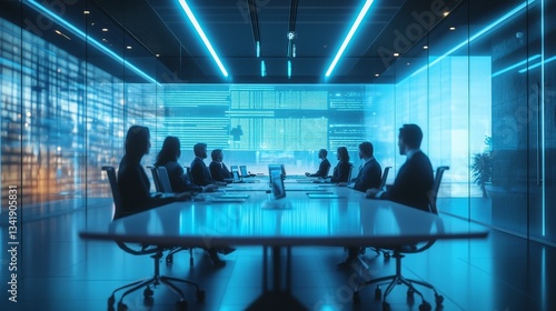 Corporate Meeting in a High-Tech Conference Room with Blue Lighting and Data Projections