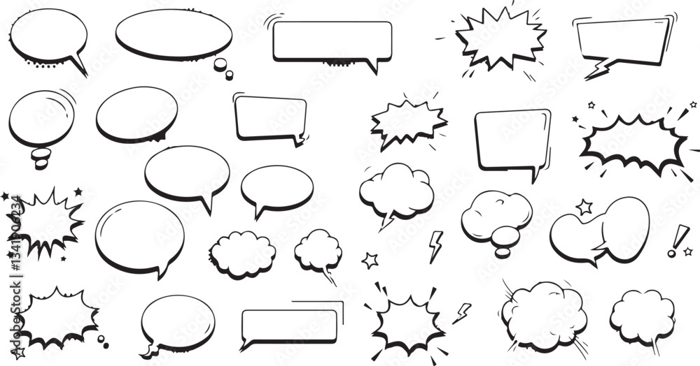 Fototapeta premium Cartoon empty retro comic style speech bubbles set with black halftone shadows. Hand drawn pop art, vintage speech clouds, thinking bubbles, and conversation text elements. Vector illustration