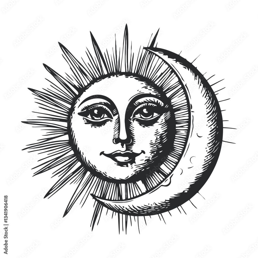 Obraz premium Vintage Woodcut Illustration of Sun and Moon in Artistic Style