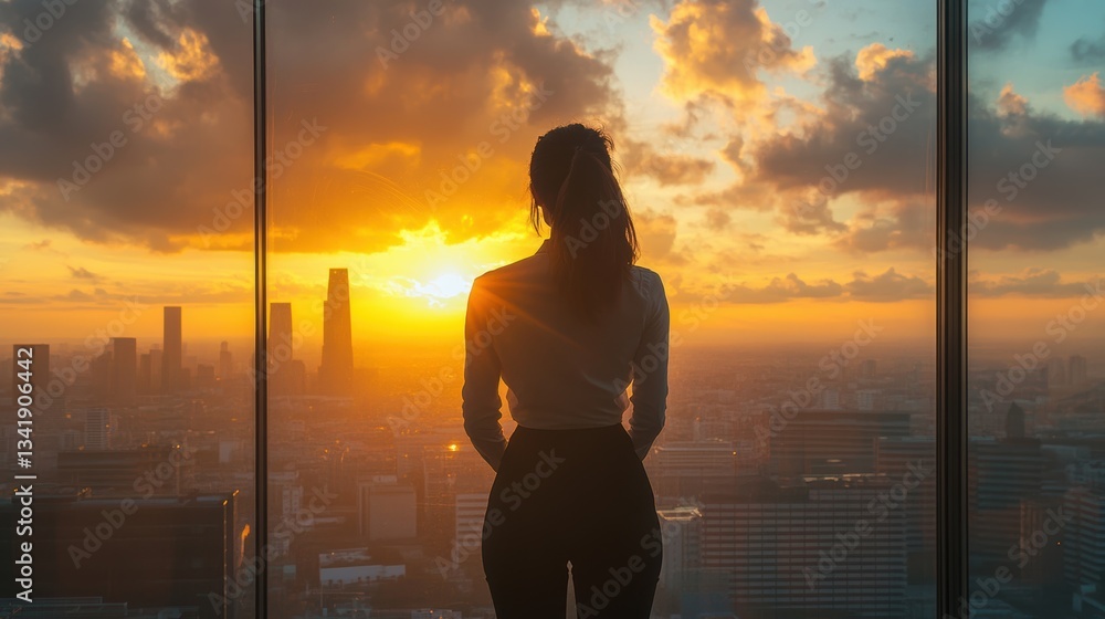 Fototapeta premium Silhouette of businesswoman gazing at city skyline during sunset with golden light