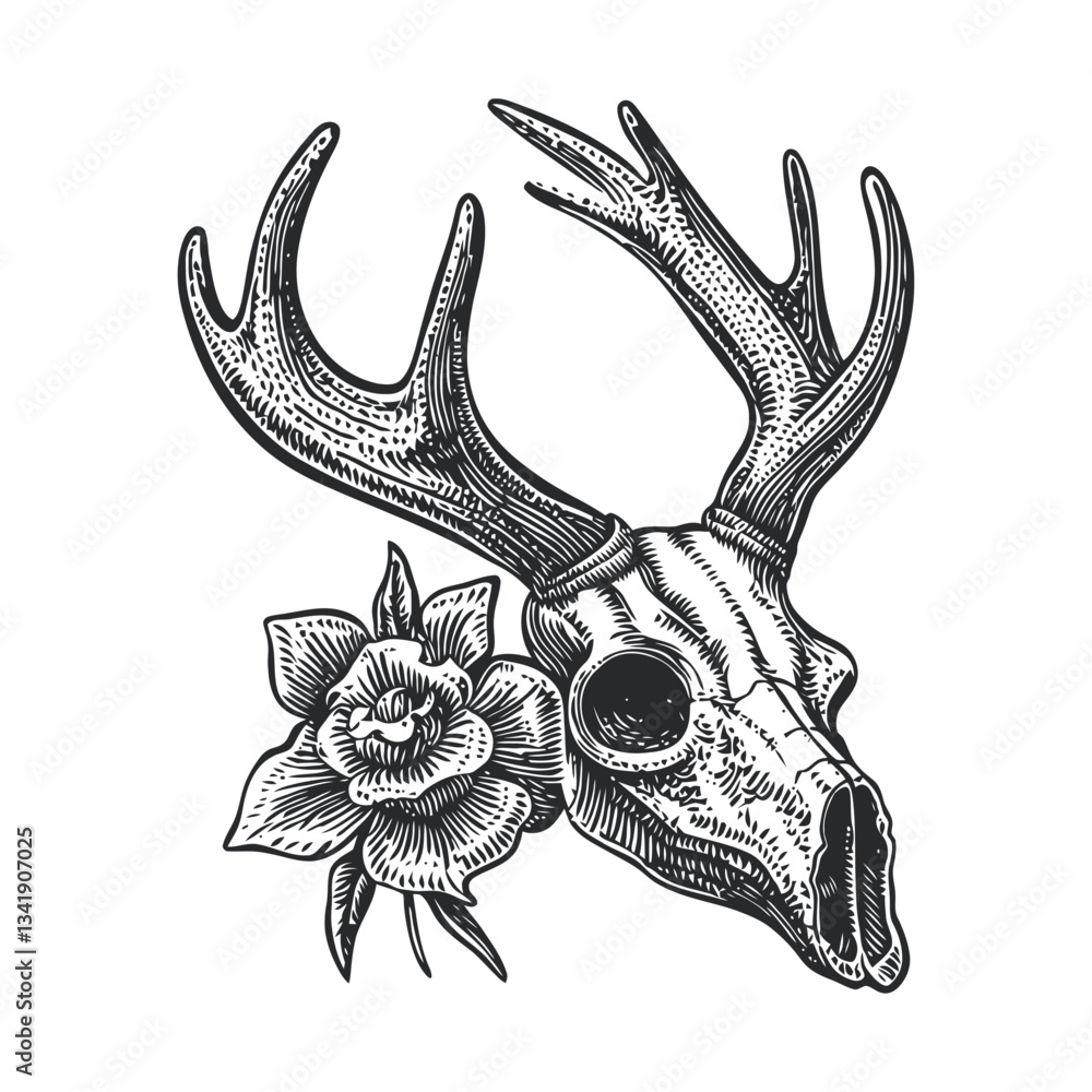Fototapeta premium Intricate Woodcut Illustration of Deer Skull with Floral Accent