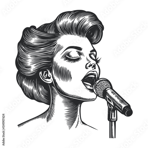 Vintage Woman Singing into Microphone in Woodcut Style Artwork
