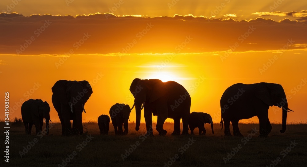 Fototapeta premium Silhouetted elephants walking against a vibrant sunset backdrop
