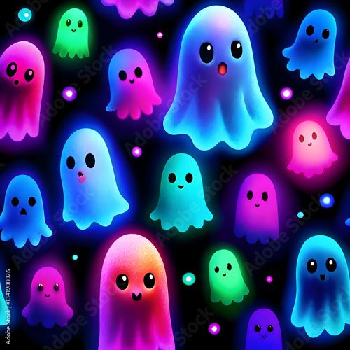 Cute Glowing Neon Ghosts Seamless Pattern  Spooky Halloween Kawaii Illustration