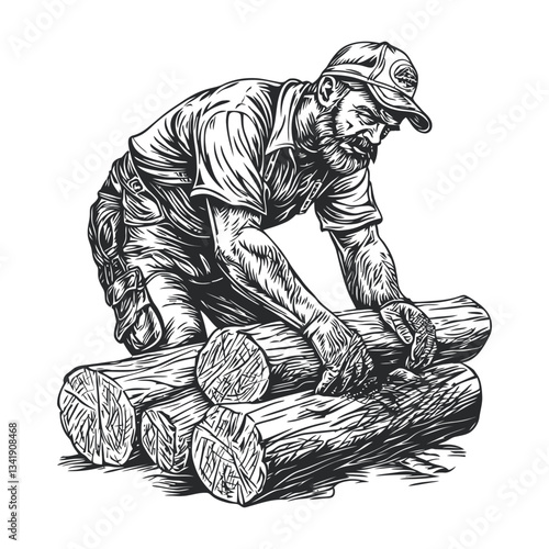 Vintage Woodcut Illustration of a Man Working with Firewood