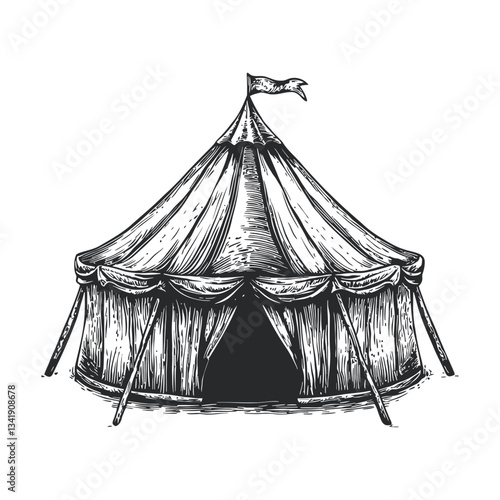 Traditional Woodcut Style Illustration of a Vintage Circus Tent