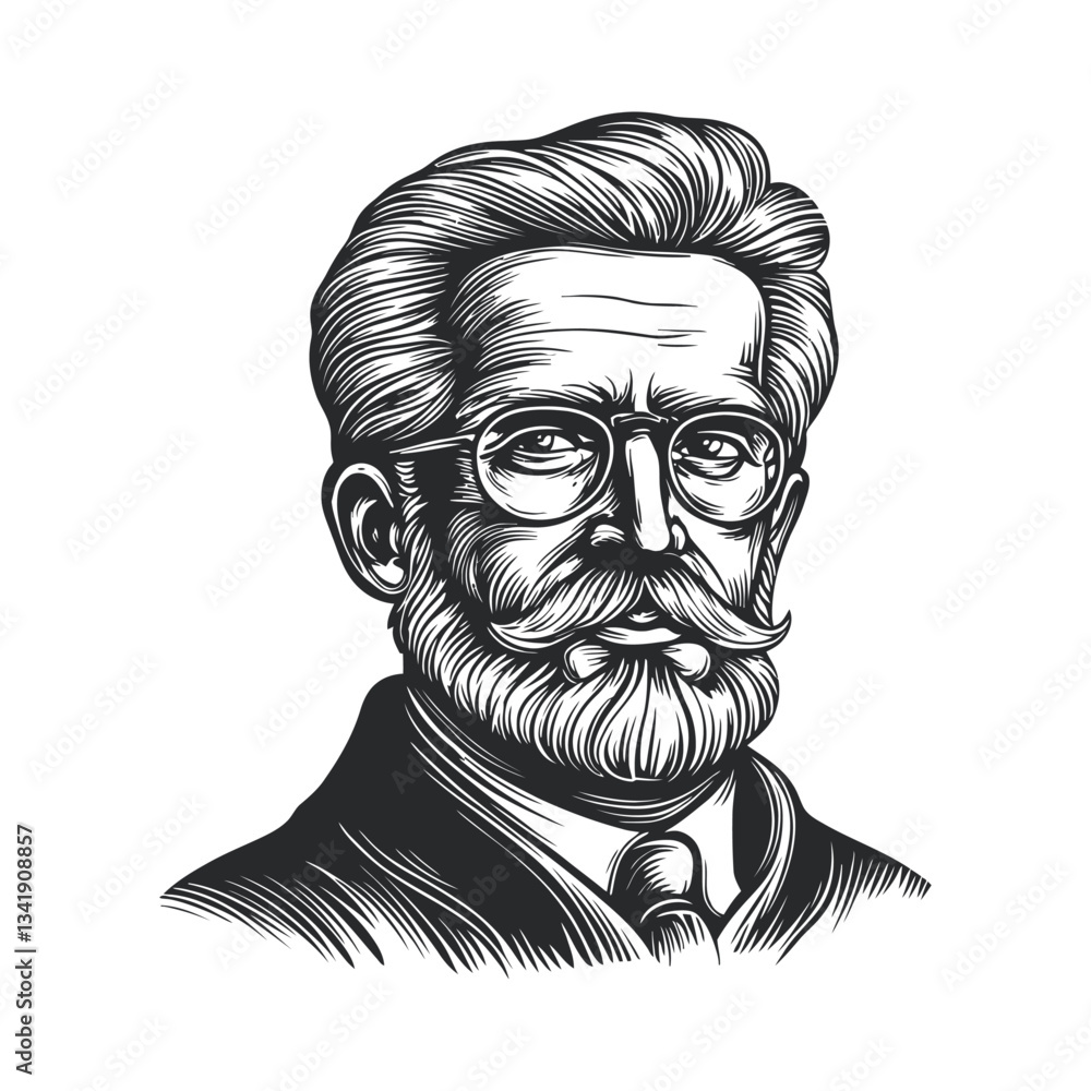 Fototapeta premium Detailed Black and White Woodcut of a Distinguished Bearded Man
