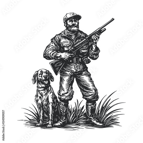 Hunter with Dog in Woodcut Style Illustration of Outdoor Adventure