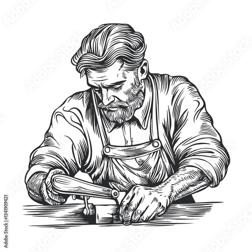 Artisan Craftsman Shaping Wood with Hand Plane in Woodcut Style