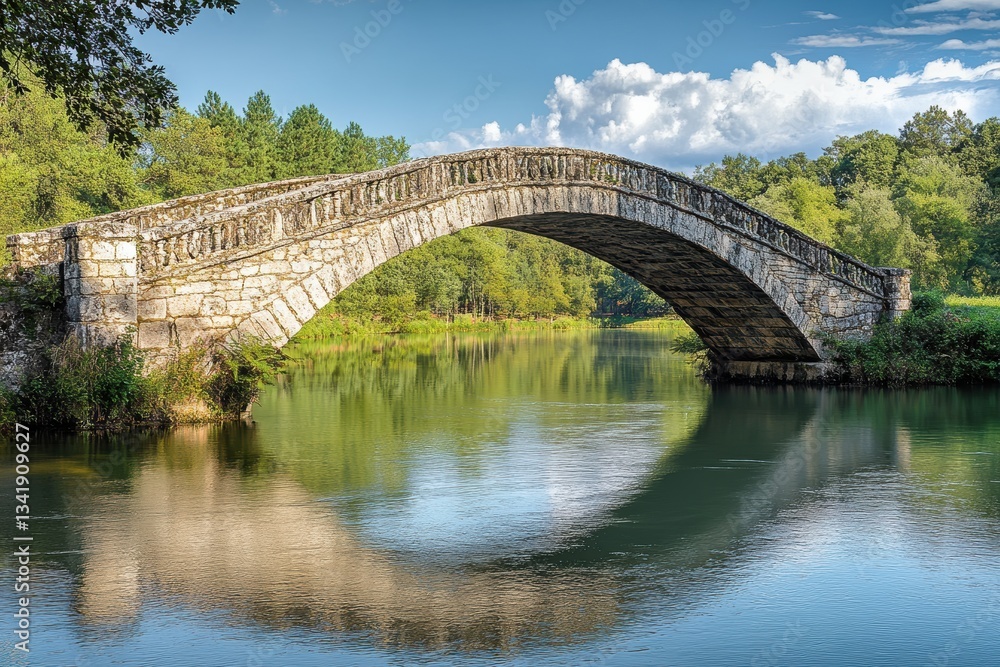 Fototapeta premium Ancient stone bridge arches gracefully over a tranquil river in 8K resolution