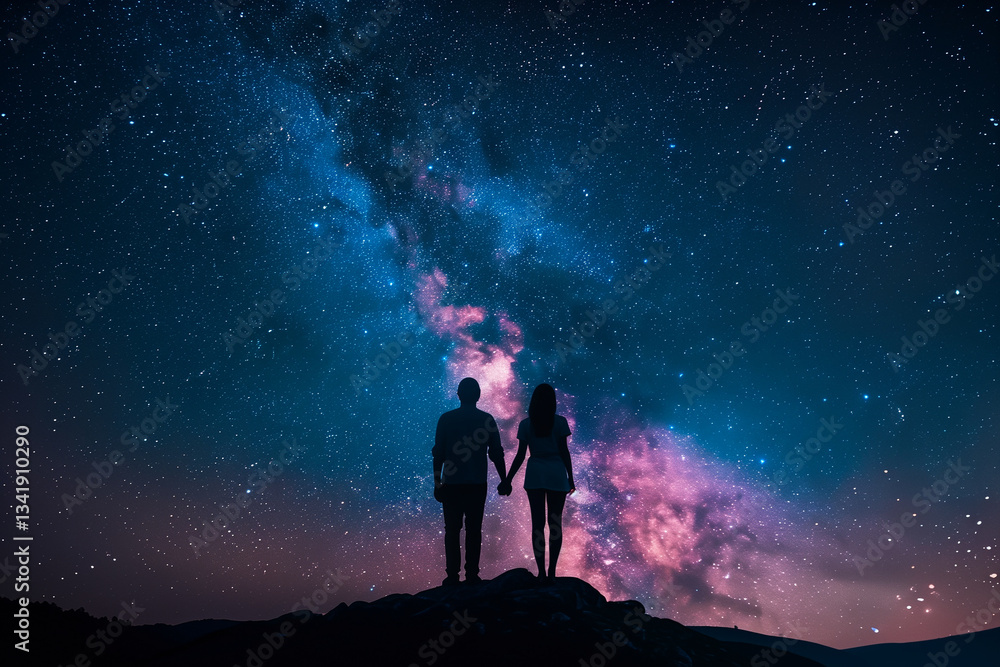 Fototapeta premium Romantic couple stargazing under vibrant Milky Way galaxy in a beautiful night sky.