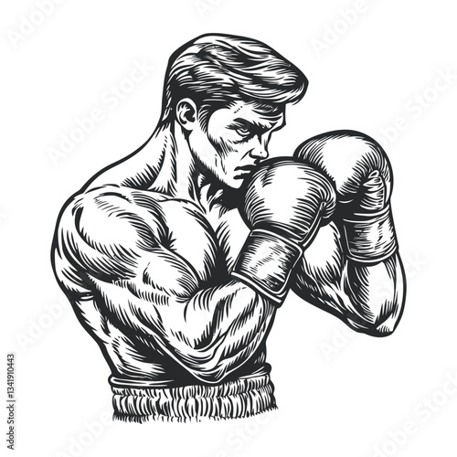 Vintage Woodcut Illustration of Muscular Boxer in Fighting Stance