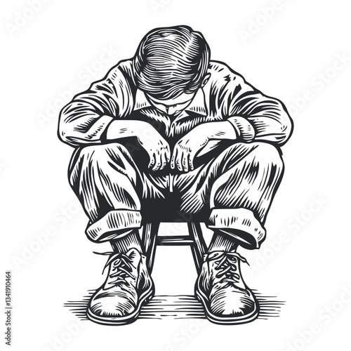 Emotional Woodcut Illustration of a Young Boy Sitting Alone