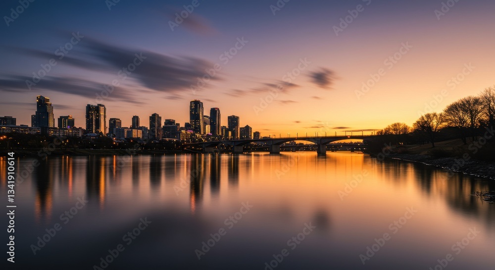 Serene Sunset Over City Skyline Reflected in Calm River Waters Serene Sunset Over City Skyline Reflected in Calm River Waters