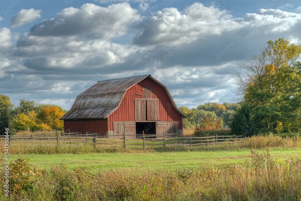 Rustic red barn surrounded by fields and trees under a vibrant sky at dusk Rustic red barn surrounded by fields and trees under a vibrant sky at dusk