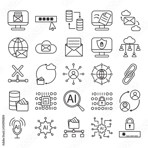technology icons set. Website, internet computer, cloud , digital service, database. line icon collection. Vector illustration.
