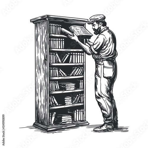 Detailed Woodcut Illustration of a Person Reading by a Bookshelf