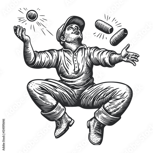 Vintage Woodcut Illustration of Juggler in Dynamic Pose