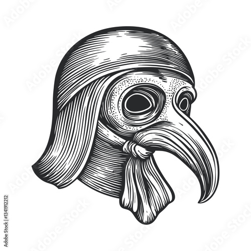 Detailed Woodcut Style Illustration of a Mysterious Masked Figure