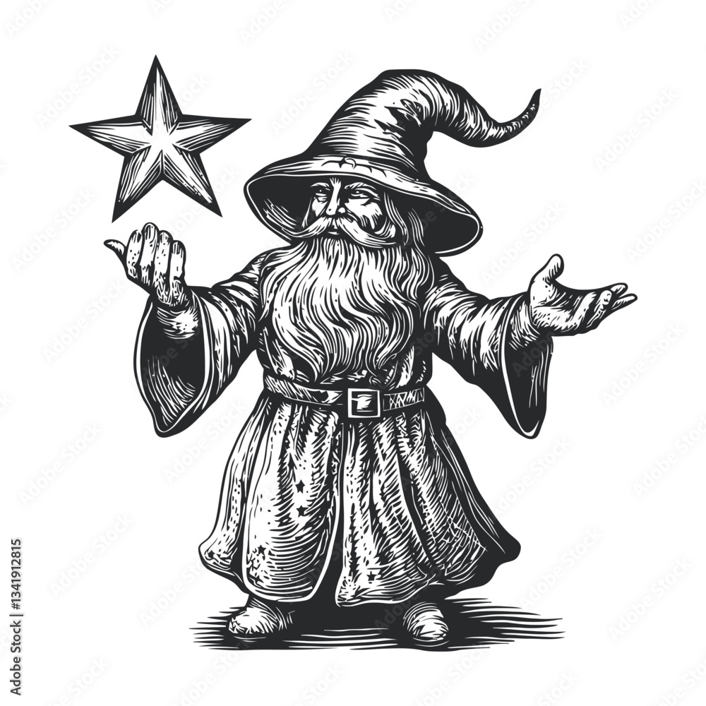 Fototapeta premium Wizard with Star in Hand, Vintage Woodcut Style Illustration